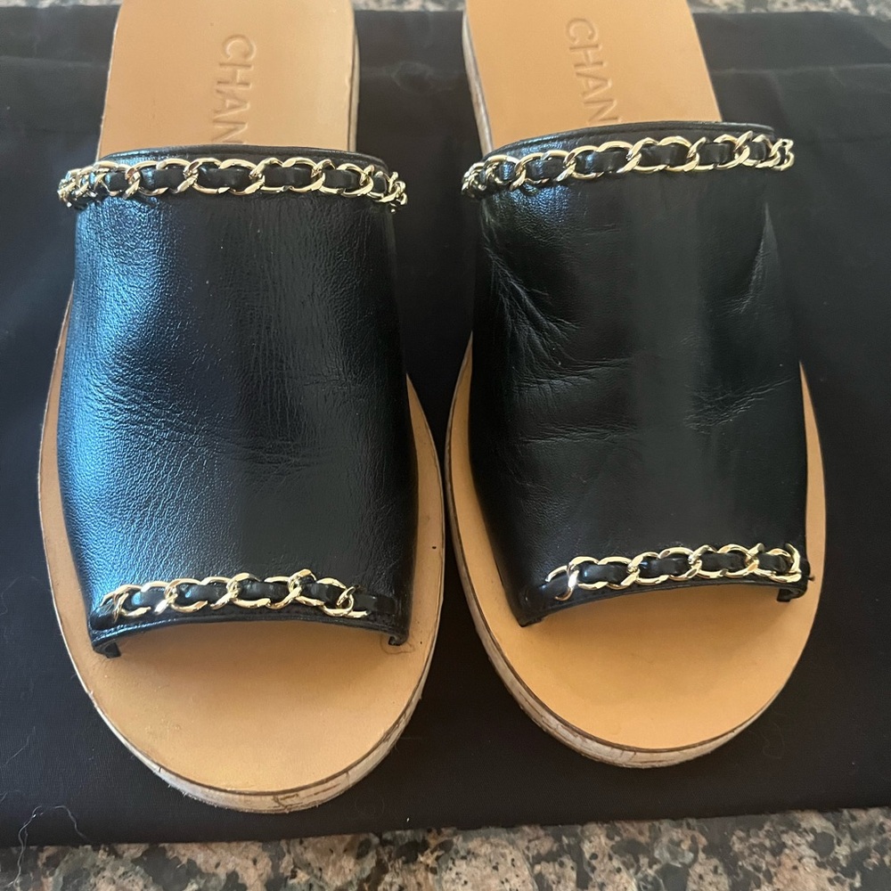 Chanel Black Mules with Chain Detail Size 37.5   7-7.5